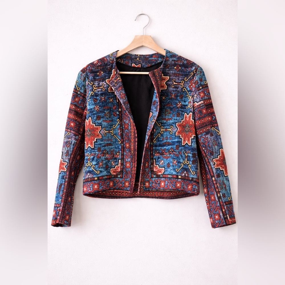 Patterned Blue & Red Women's Cropped Blazer Jacket